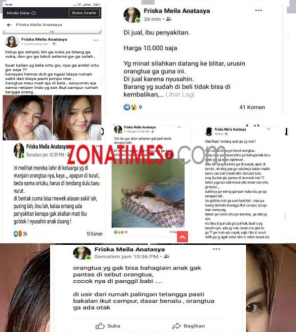 Posting Friska Meila Anatasya di akun Facebook cerita tentang ibu hingga berniat menjual karena sakit-sakitan (Foto: Screenshot Facebook/zonatimes.com)